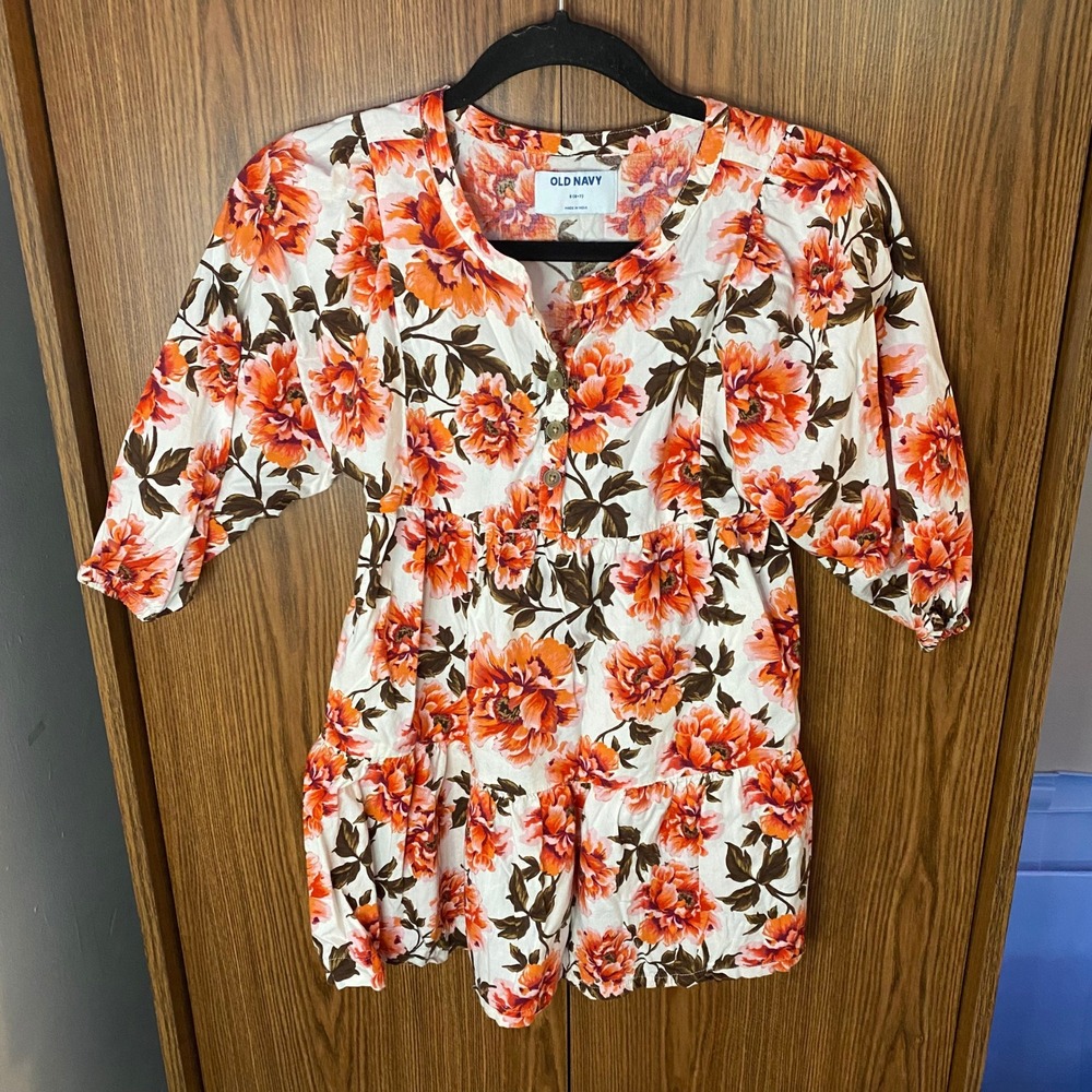 Old‎ Navy Floral Dress Girls S 6-7 Orange Tiered Button Front Top
